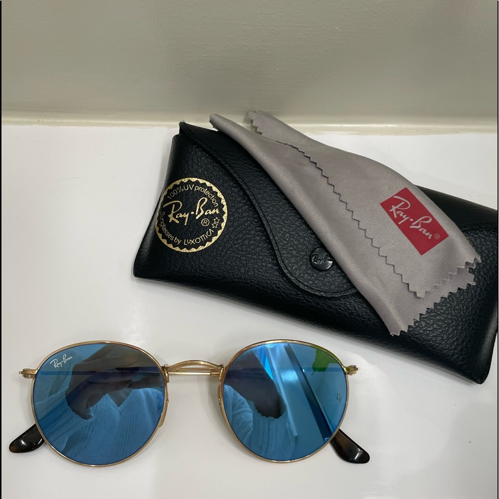 Ray-Ban RB3447N Round Metal Sunglasses, gold frame and light blue lens